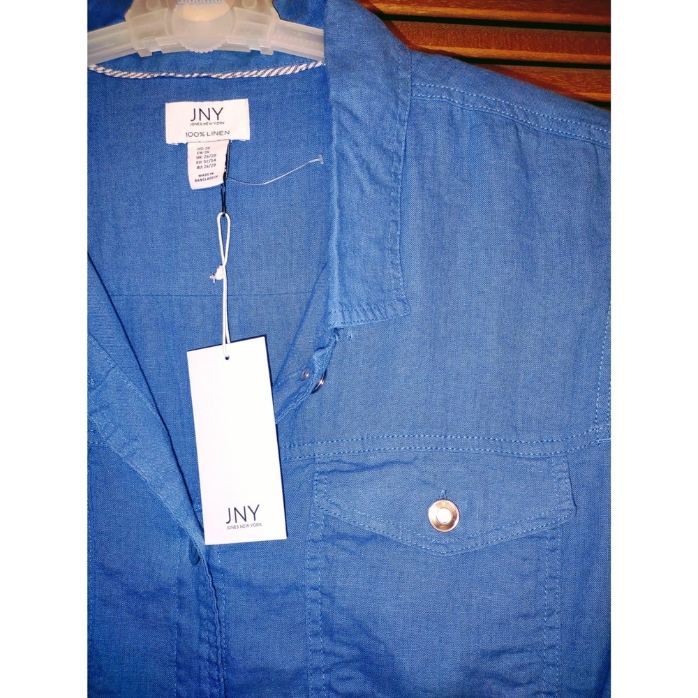 100% Linen Jones New York Jacket Womens 3X Blue NEW Relaxed Trucker Lightweight - Picture 4 of 9
